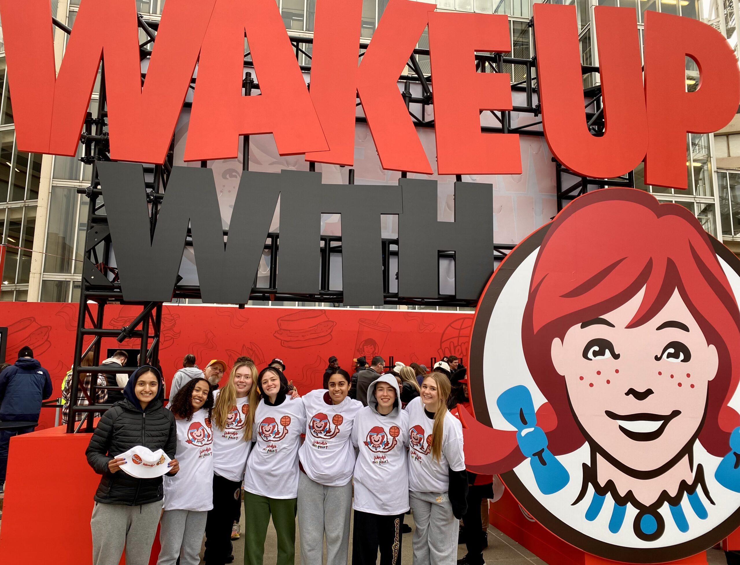 Wake Up With Wendy's signage and fans